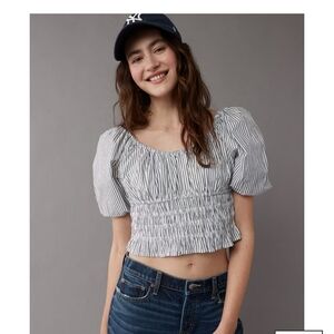 American Eagle Gray & White Striped Puff Sleeve Ruched Crop Top Small